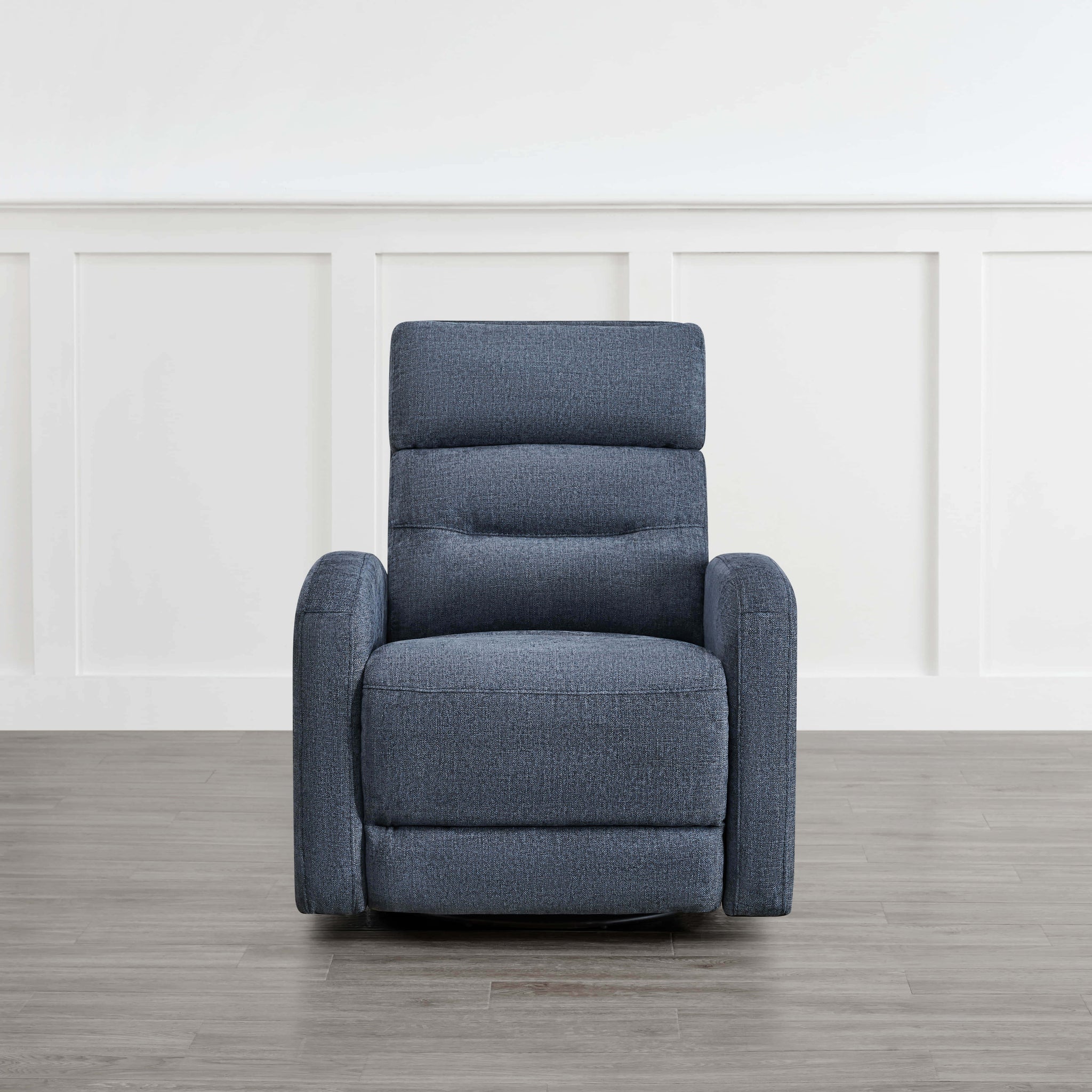 Dark blue Theo Power Swivel Glider Recliner in upright position, showcasing sleek design - CHITA Living