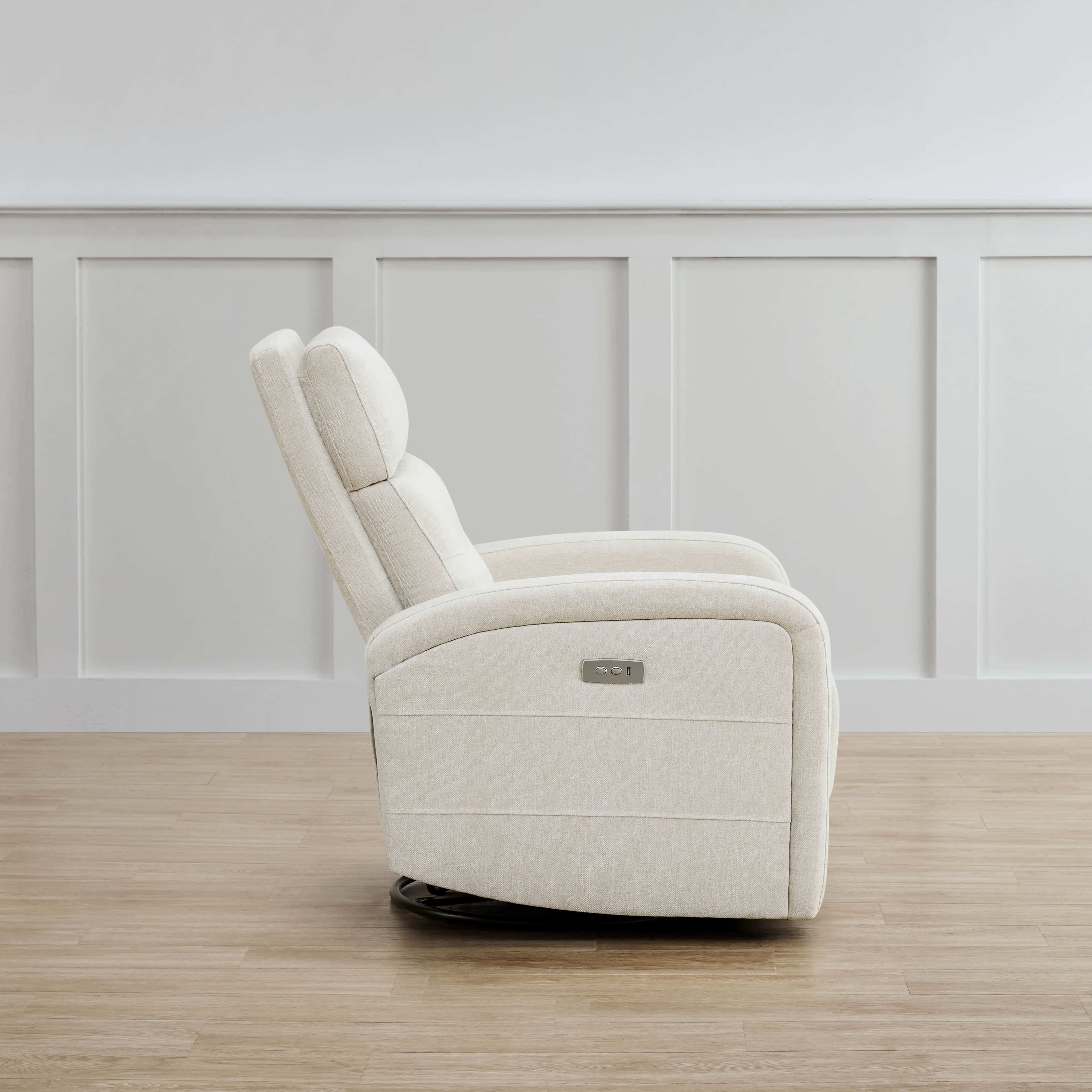 Side view of cream Theo Power Swivel Glider Recliner with extended footrest - CHITA Living