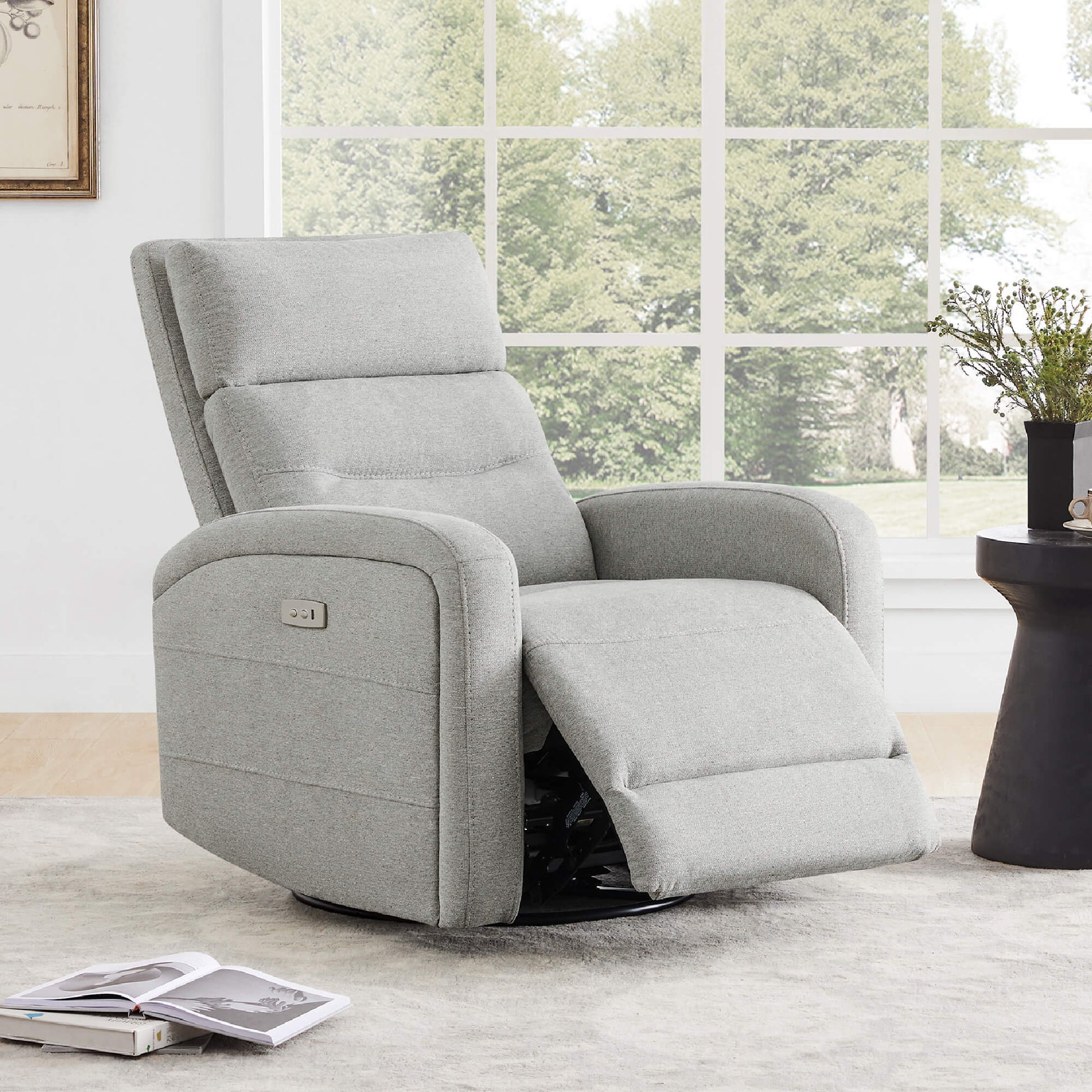 Light gray Theo Power Swivel Glider Recliner with side controls and a modern design - CHITA Living