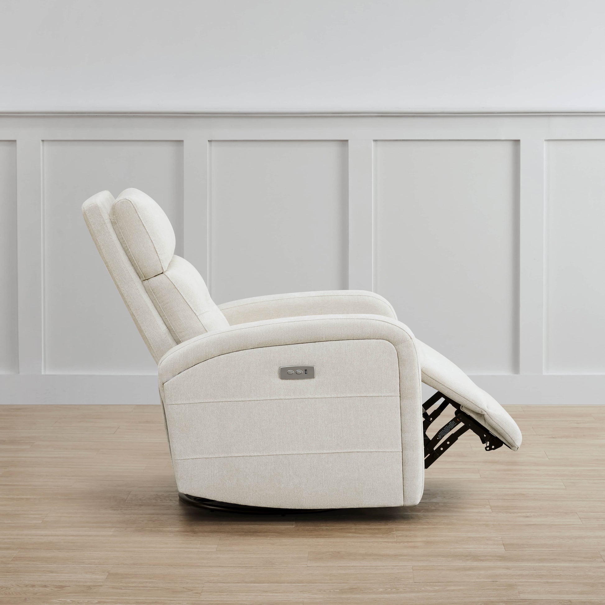 Cream Theo Power Swivel Glider Recliner in side view, highlighting sleek design and reclined position - CHITA Living