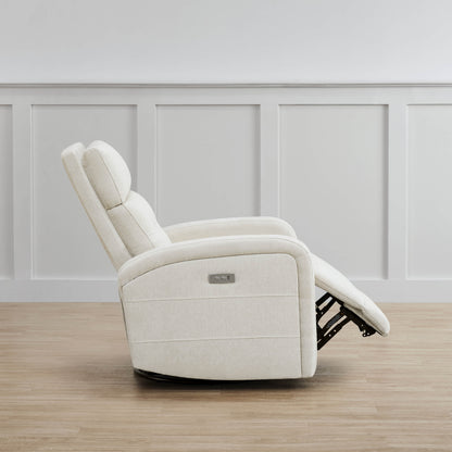 Cream Theo Power Swivel Glider Recliner in side view, highlighting sleek design and reclined position - CHITA Living