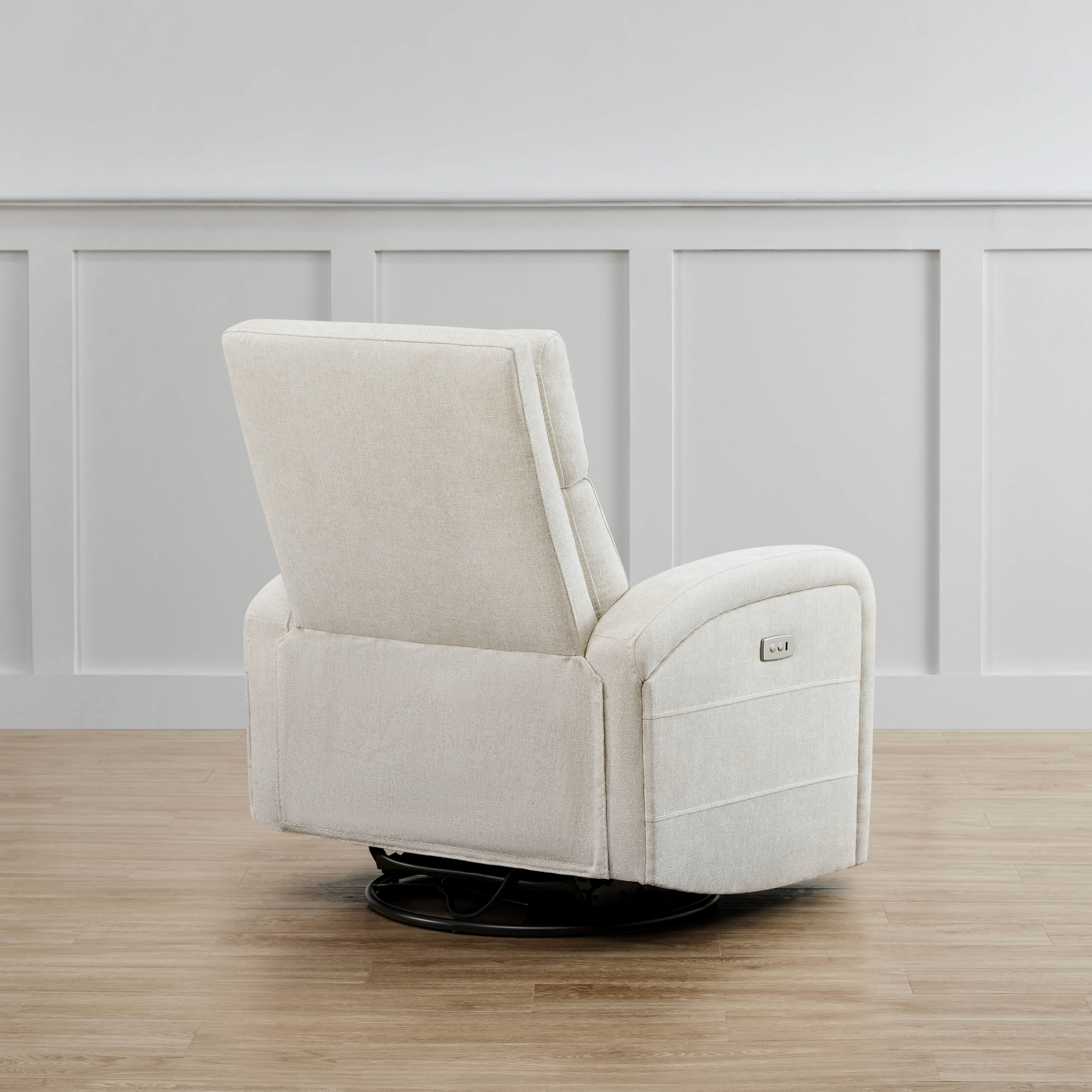 Cream Theo Power Swivel Glider Recliner's back view highlighting sleek design and comfortable cushioning - CHITA Living