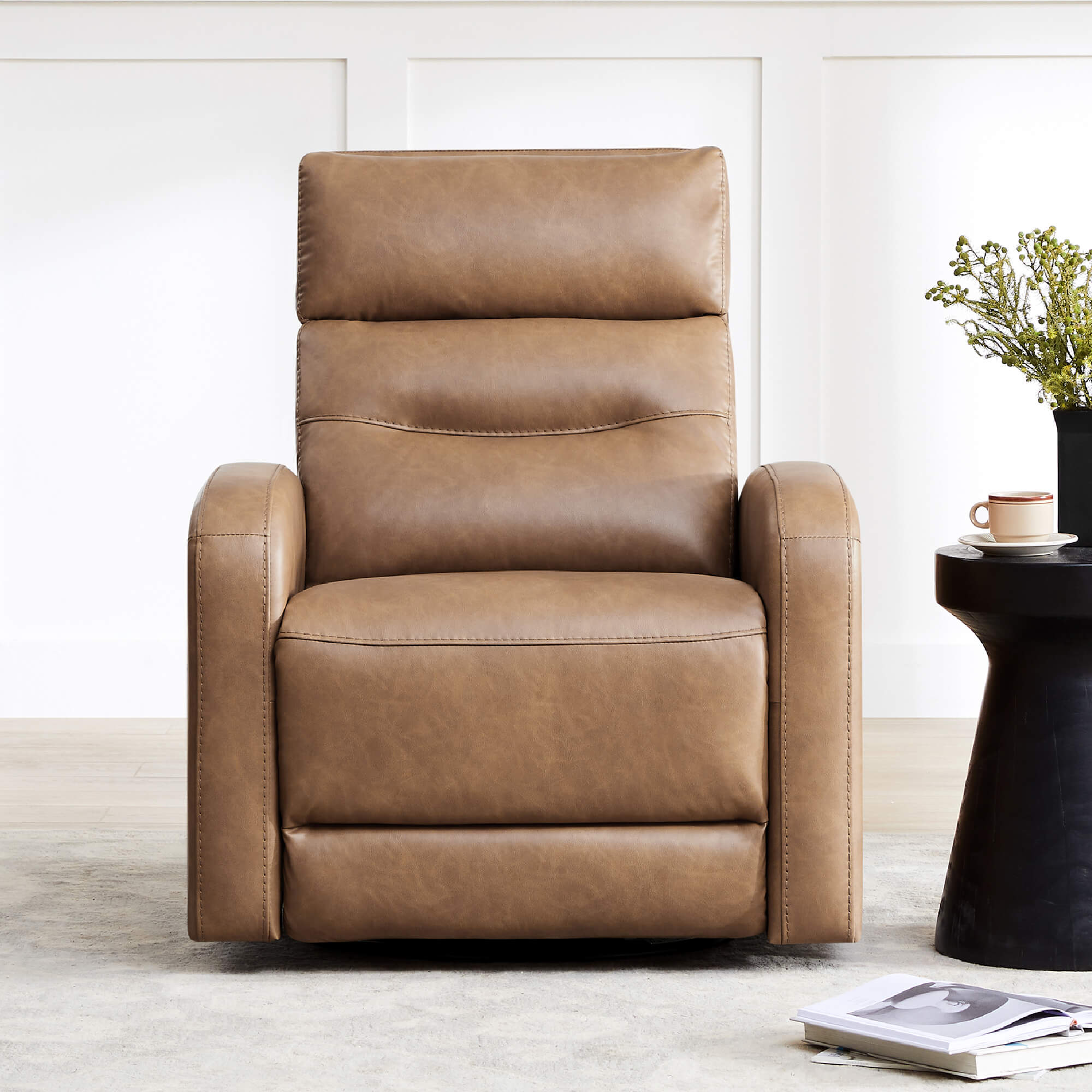 Warm brown Theo Power Swivel Glider Recliner with a modern design and relaxed seating - CHITA Living