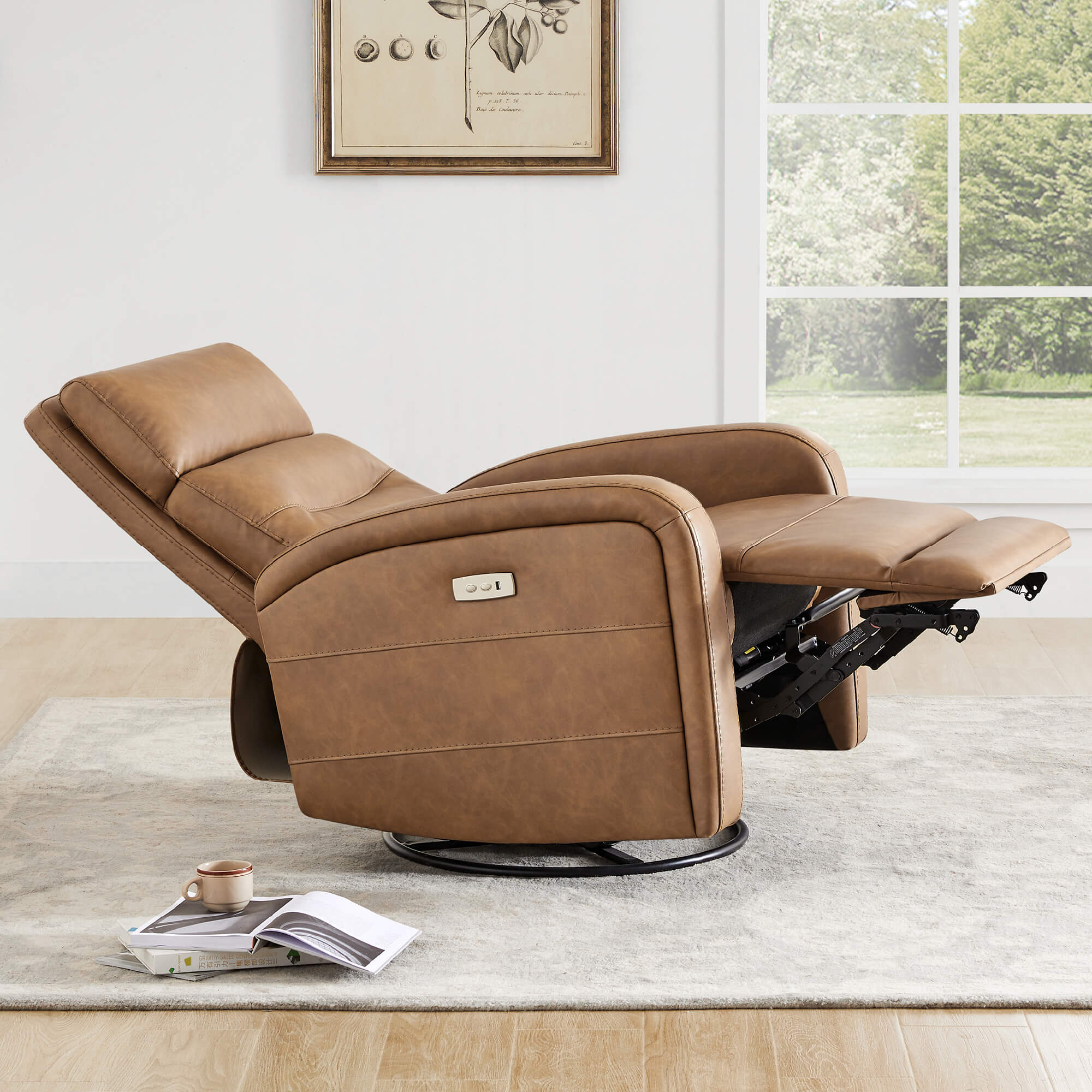 Brown Theo Power Swivel Glider Recliner with reclining feature and side control panel - CHITA Living