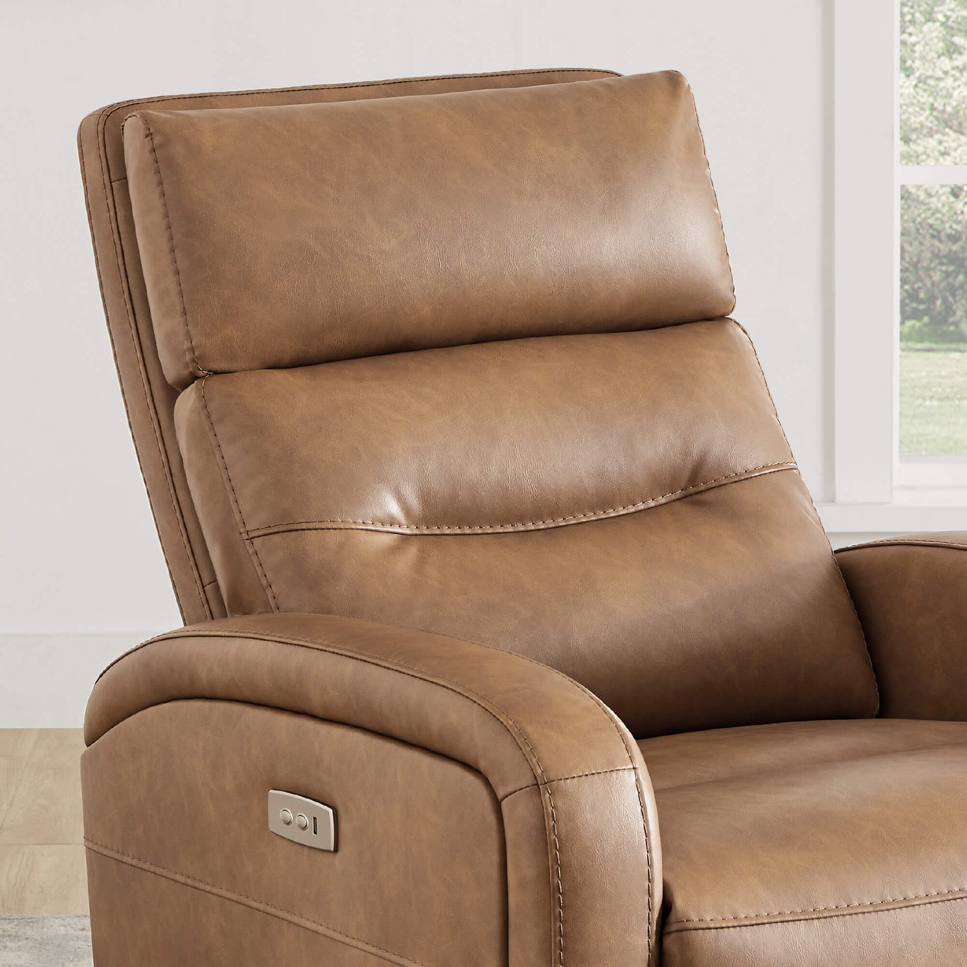 Close-up of brown Theo Power Swivel Glider Recliner with control buttons - CHITA Living