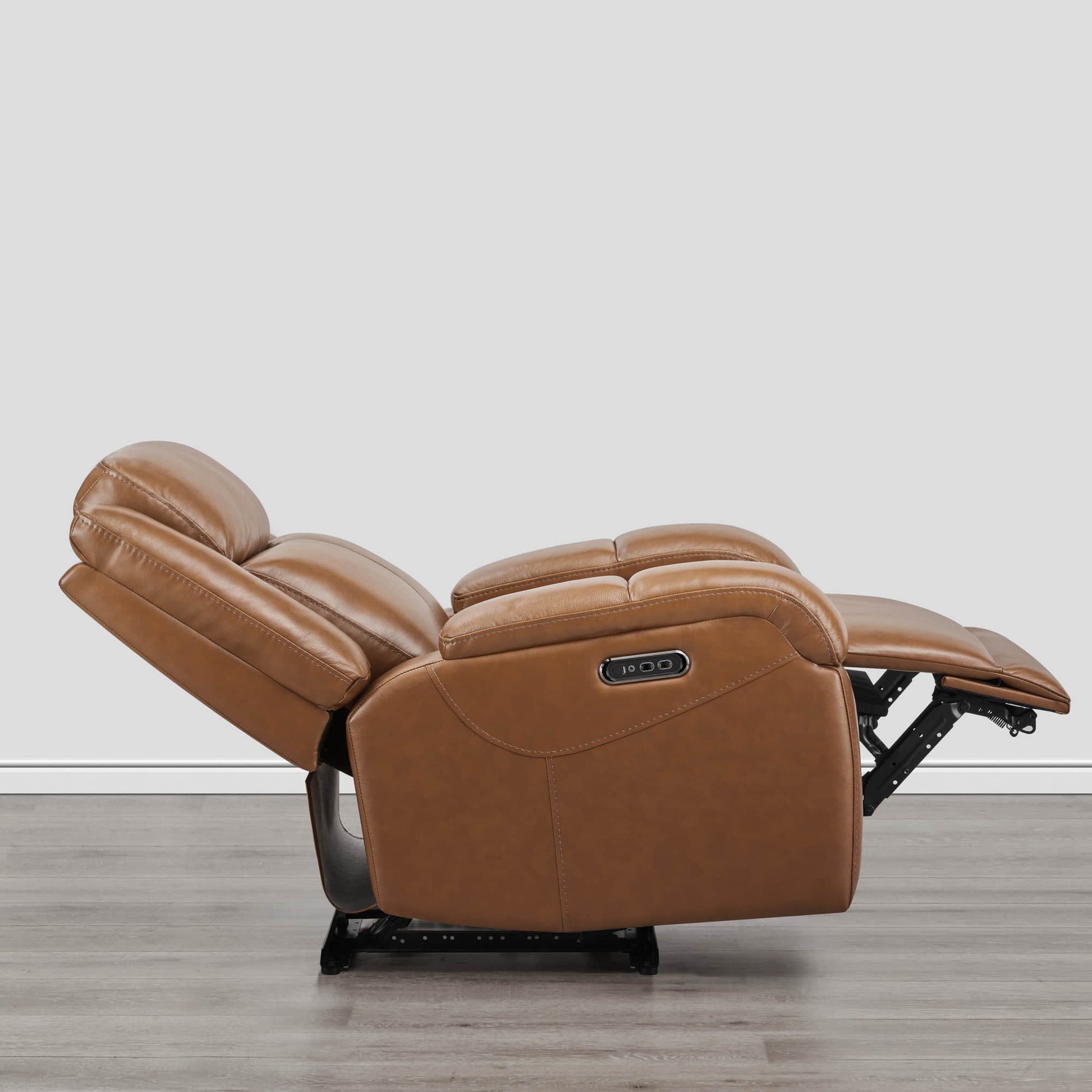 Isaac Wall Hugger Power Recliner in brown leather, reclining with adjustable headrest - CHITA Living