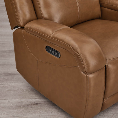 Close-up of Isaac Wall Hugger Power Recliner in brown leather with power controls - CHITA Living
