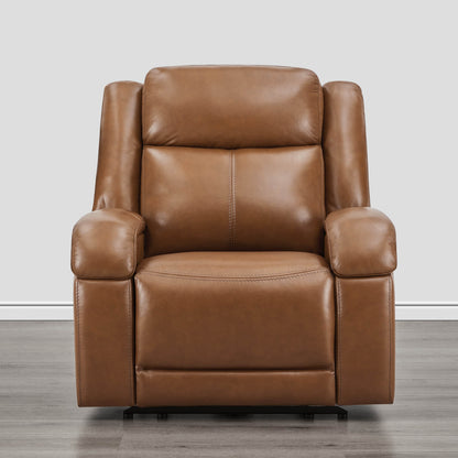 Front view of Isaac Wall Hugger Power Recliner in warm brown leather - CHITA Living