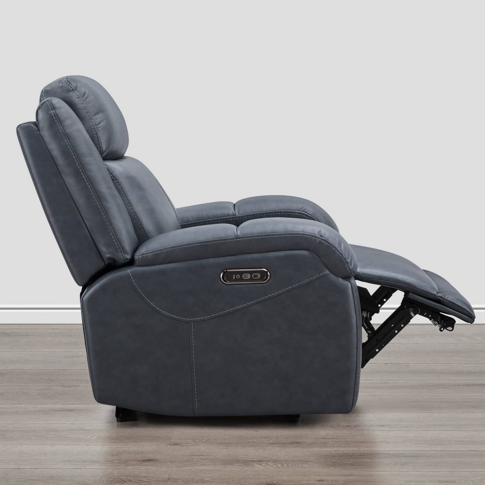 Charcoal grey Isaac Wall Hugger Power Recliner in reclined position with power controls - CHITA Living
