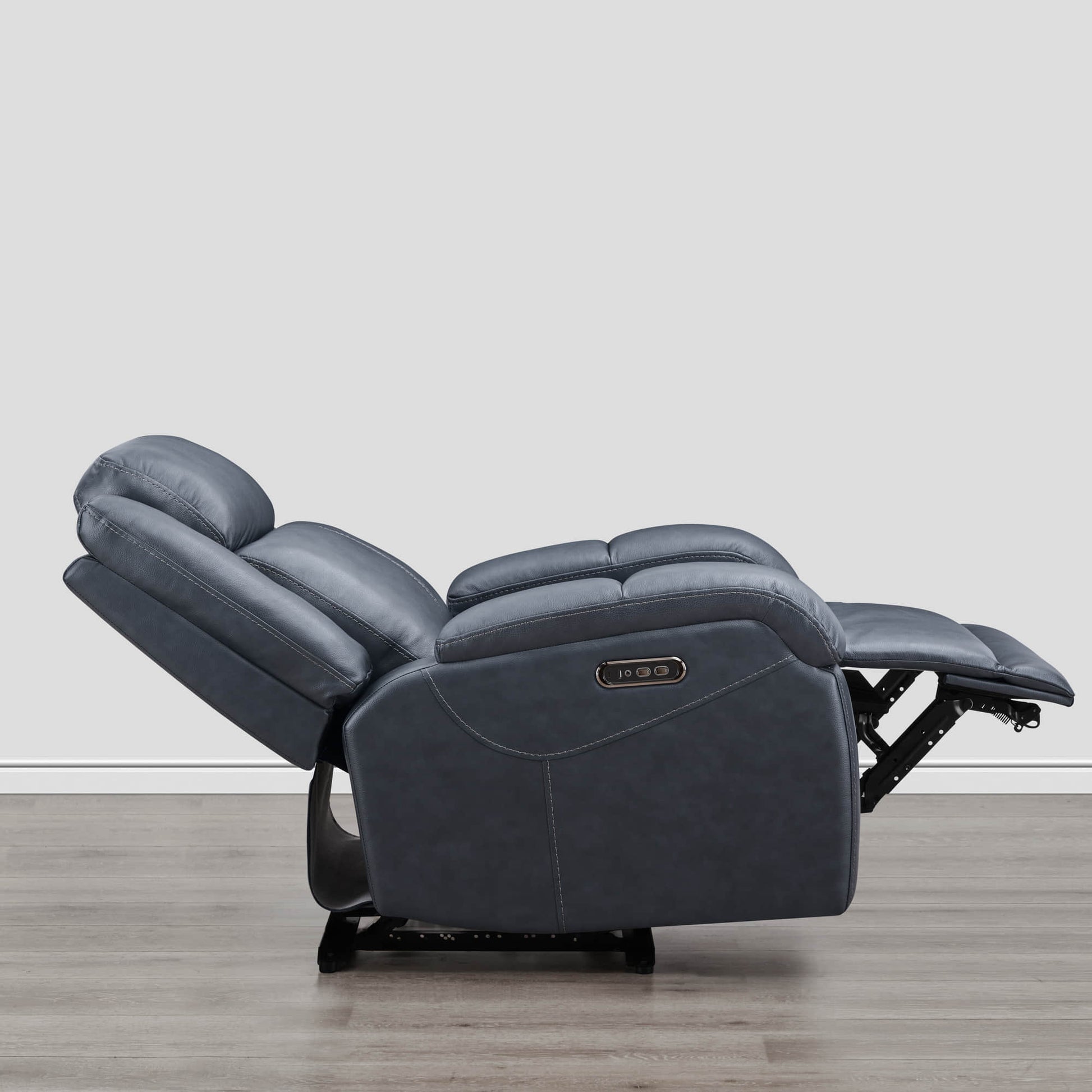 Isaac Wall Hugger Power Recliner in charcoal grey leather, fully reclined with power headrest - CHITA Living