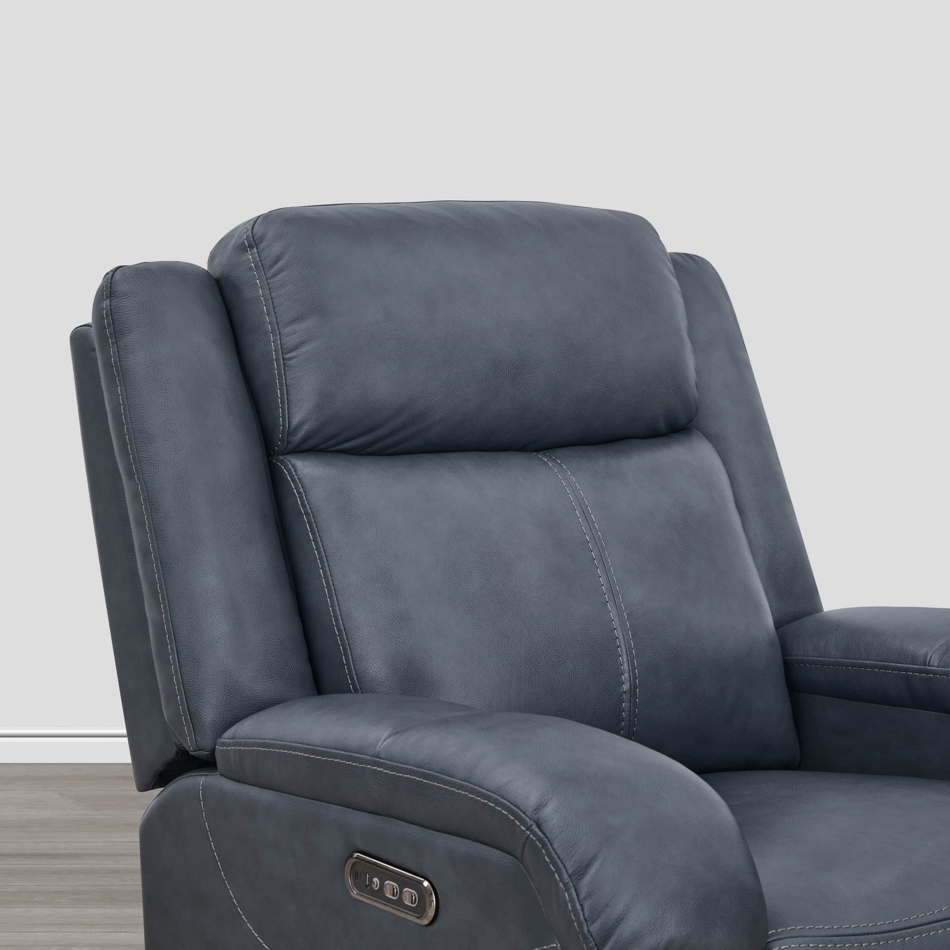 Charcoal grey Isaac Wall Hugger Power Recliner close-up with power headrest controls - CHITA Living