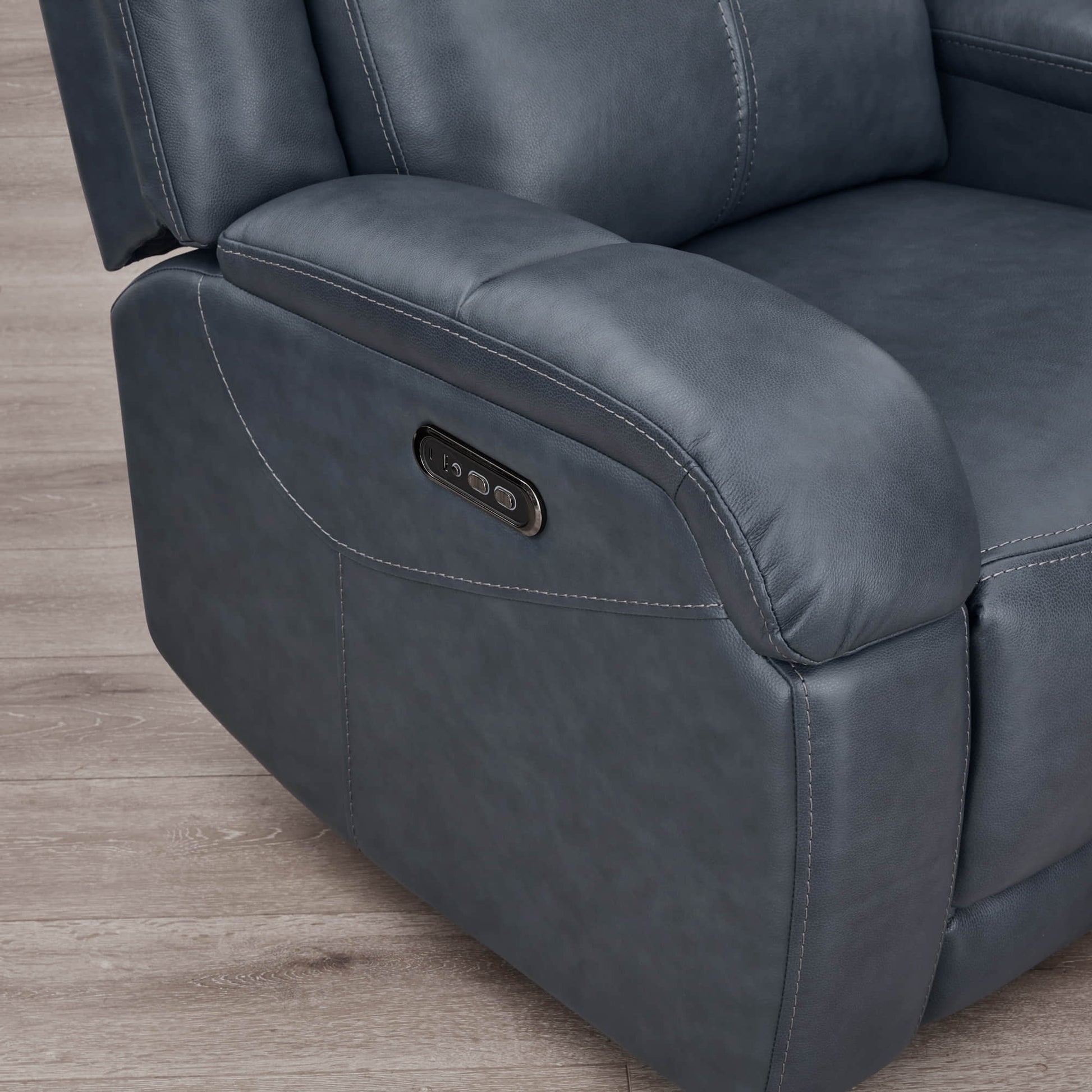 Close-up of charcoal grey Isaac Wall Hugger recliner power controls for adjustable headrest - CHITA Living