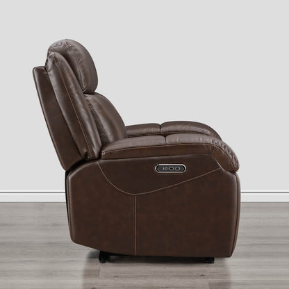 Side view of Isaac Wall Hugger Power Recliner in brown leather with adjustable headrest - CHITA Living
