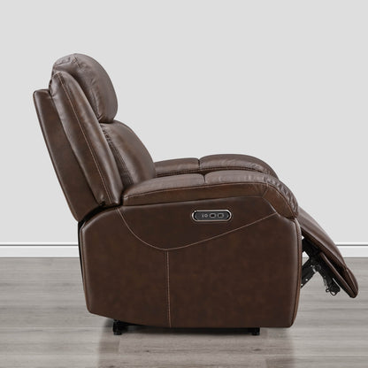 Side view of brown leather Isaac Wall Hugger Power Recliner with adjustable headrest - CHITA Living