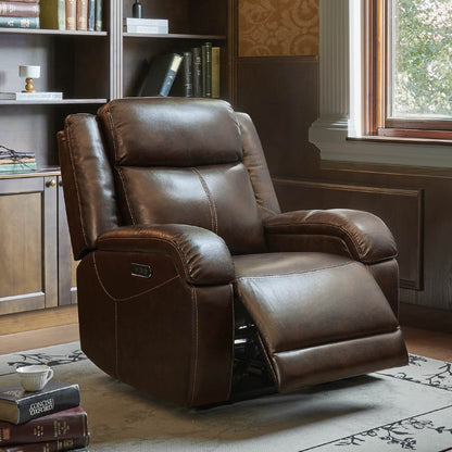 Isaac Wall Hugger Recliner in rich brown leather with power headrest and leg support - CHITA Living