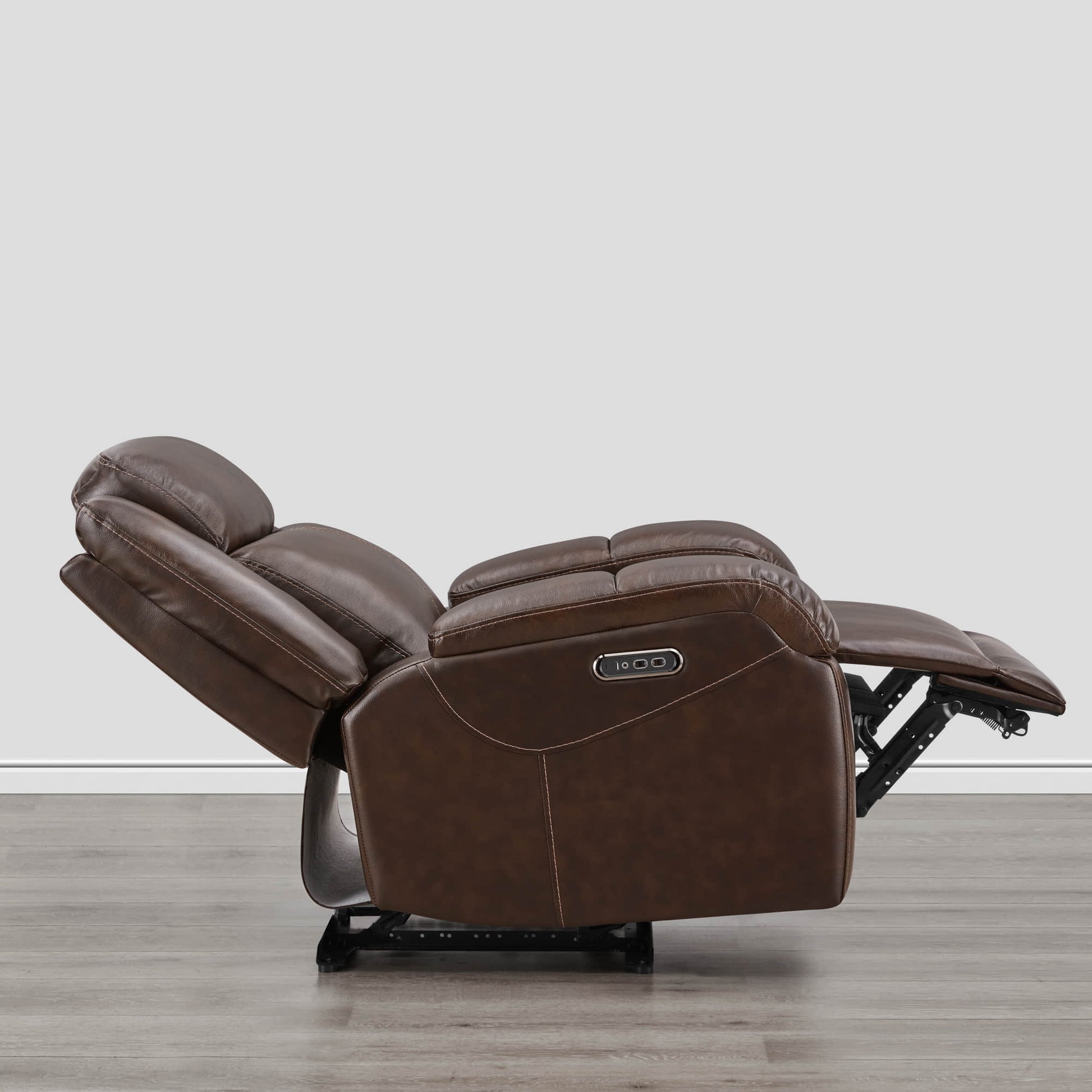 Side view of Isaac Wall Hugger Power Recliner in brown leather, fully reclining - CHITA Living