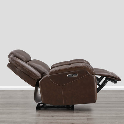 Side view of Isaac Wall Hugger Power Recliner in brown leather, fully reclining - CHITA Living