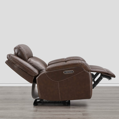 Isaac Wall Hugger Power Recliner in brown leather, reclining with adjustable headrest - CHITA Living
