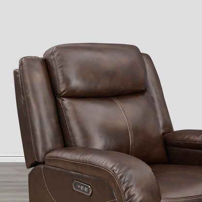 Close-up of Isaac Wall Hugger Power Recliner in soft brown leather with power controls - CHITA Living