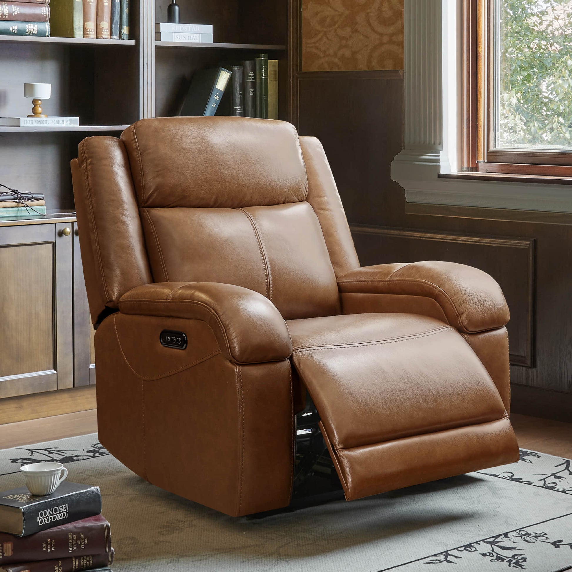 Isaac Wall Hugger Power Recliner in warm brown leather with leg support and power controls - CHITA Living