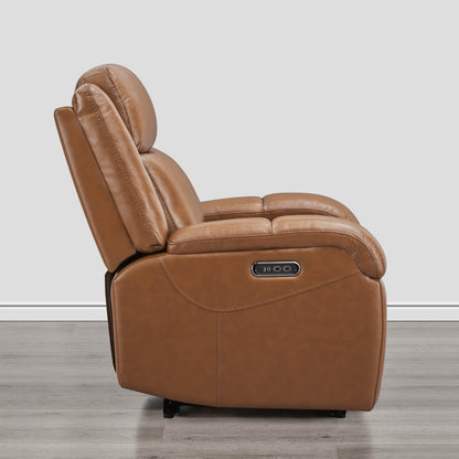 Side view of warm brown leather Isaac Wall Hugger Recliner with power headrest - CHITA Living
