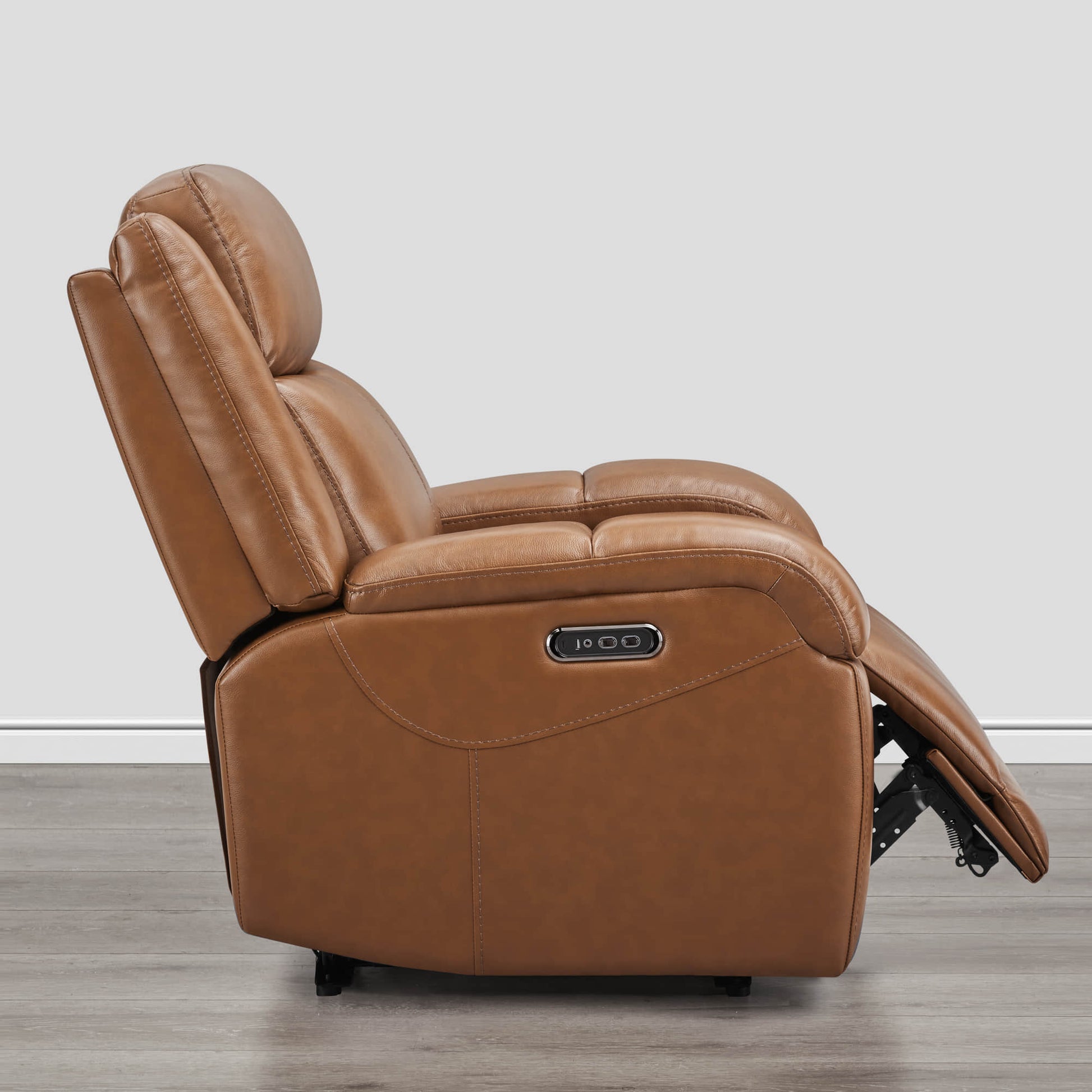 Side view of Isaac Wall Hugger Power Recliner in warm brown leather with power headrest - CHITA Living