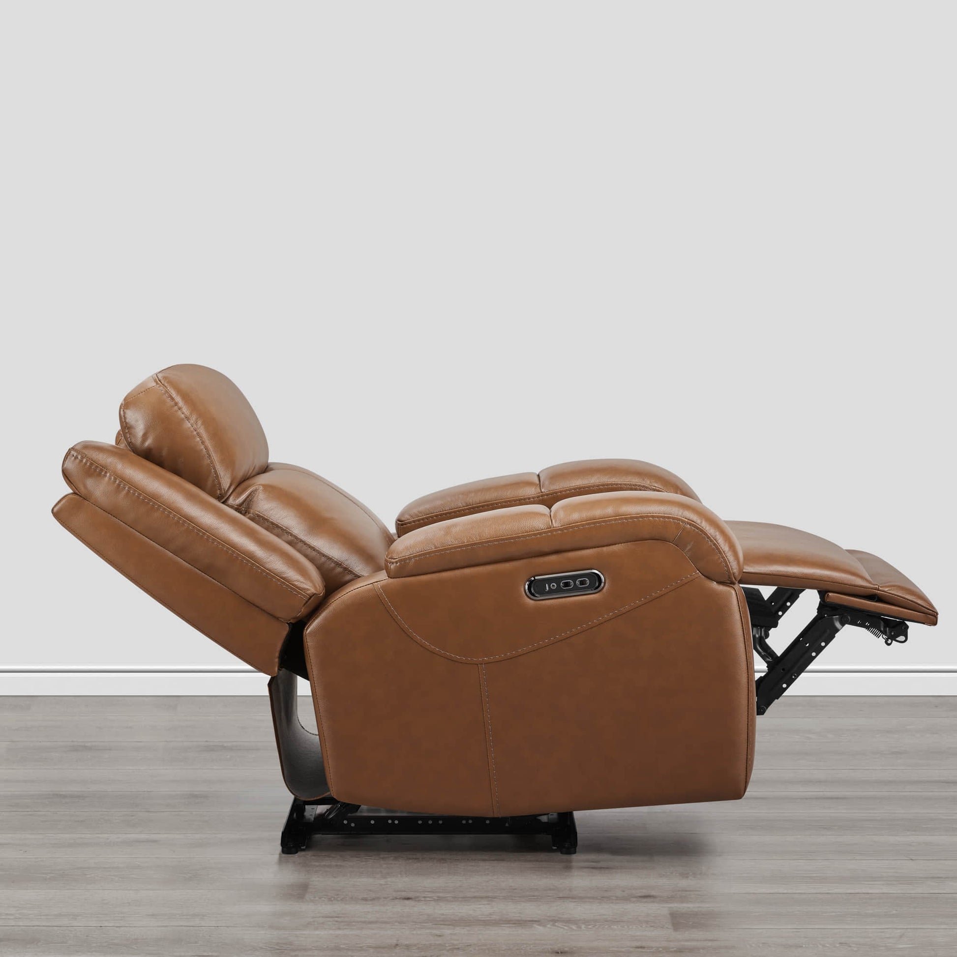 Side view of Isaac Wall Hugger Power Recliner in brown leather reclining position - CHITA Living