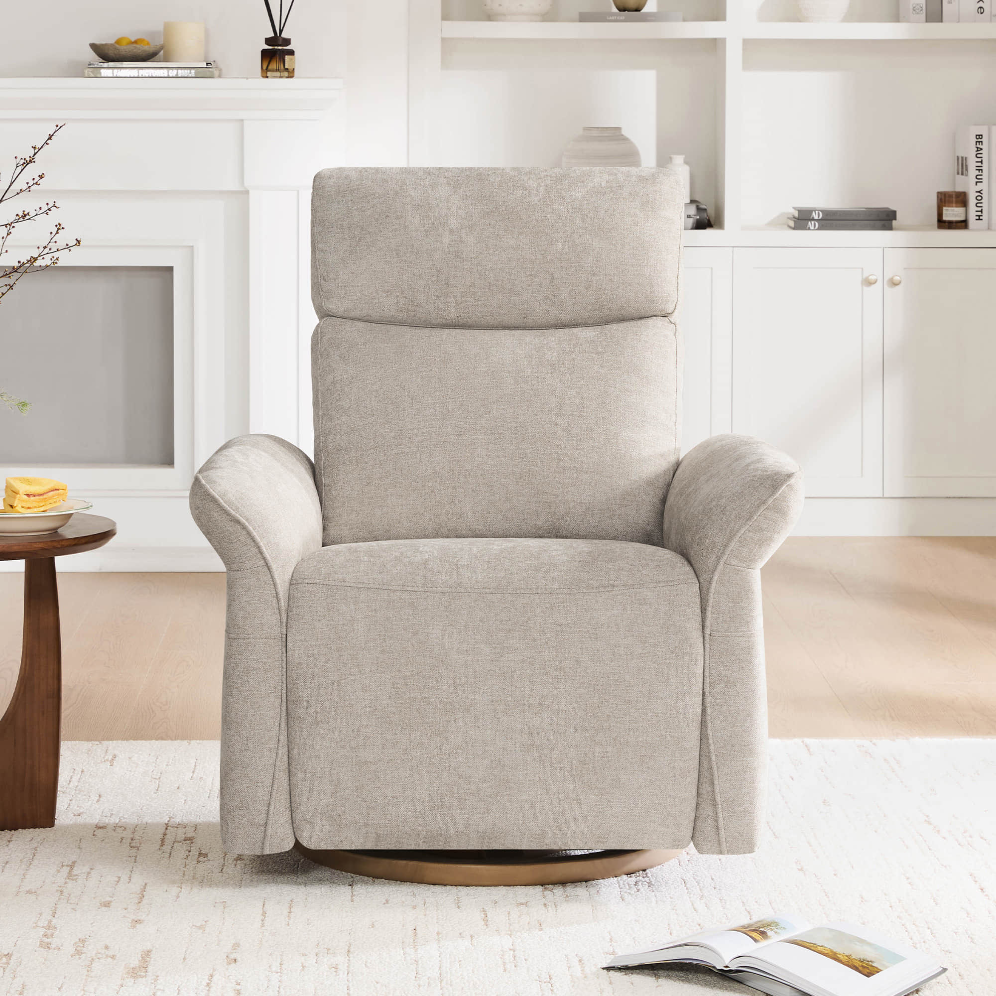 Cream power recliner with wooden side table creating inviting relaxation corner.