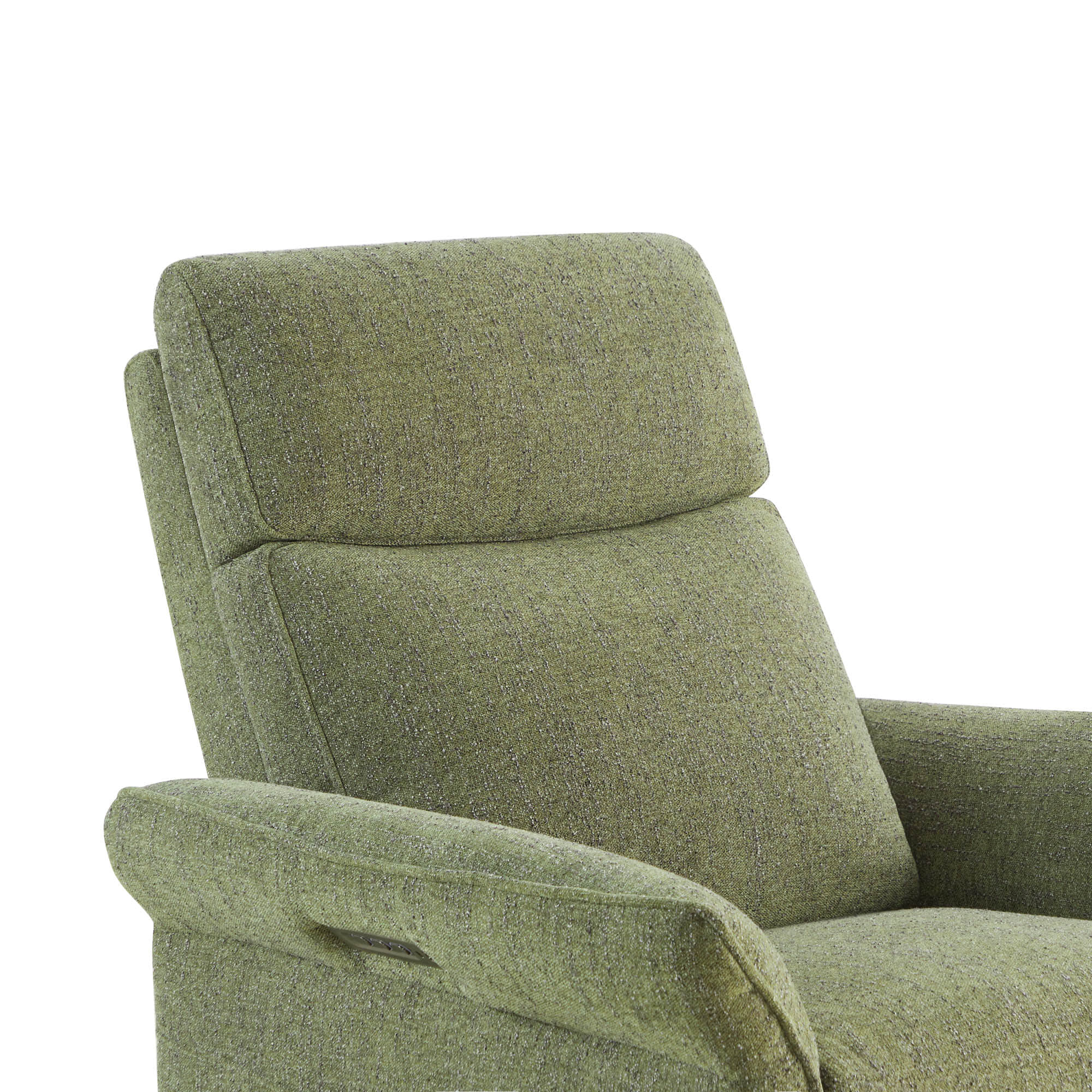Partial view of green power recliner showing armrest and seat cushion detail.
