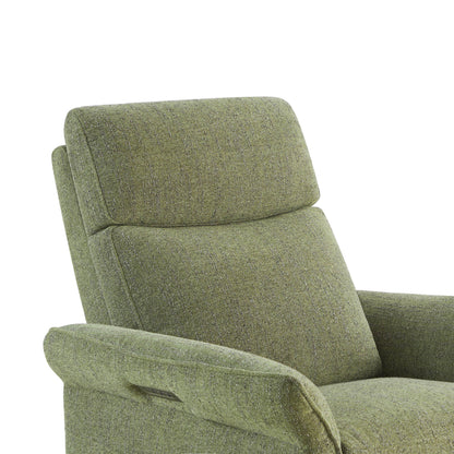 Partial view of green power recliner showing armrest and seat cushion detail.