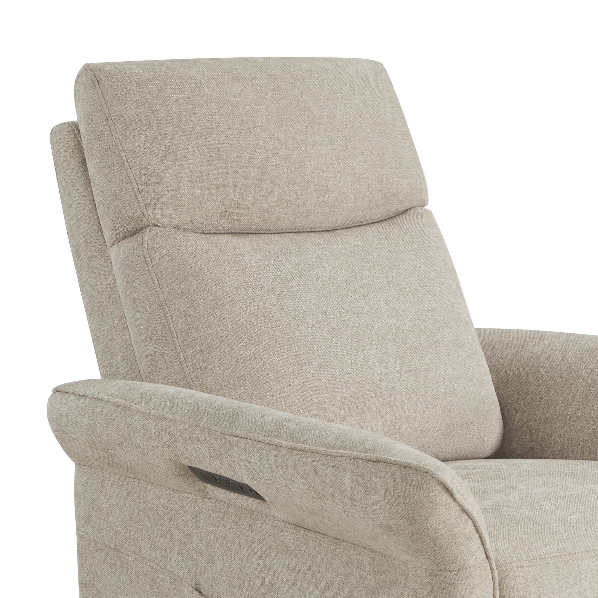 Beige power recliner with adjustable headrest for customized comfort support.