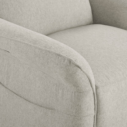 Close-up of light beige power recliner's curved armrest with quality upholstery.
