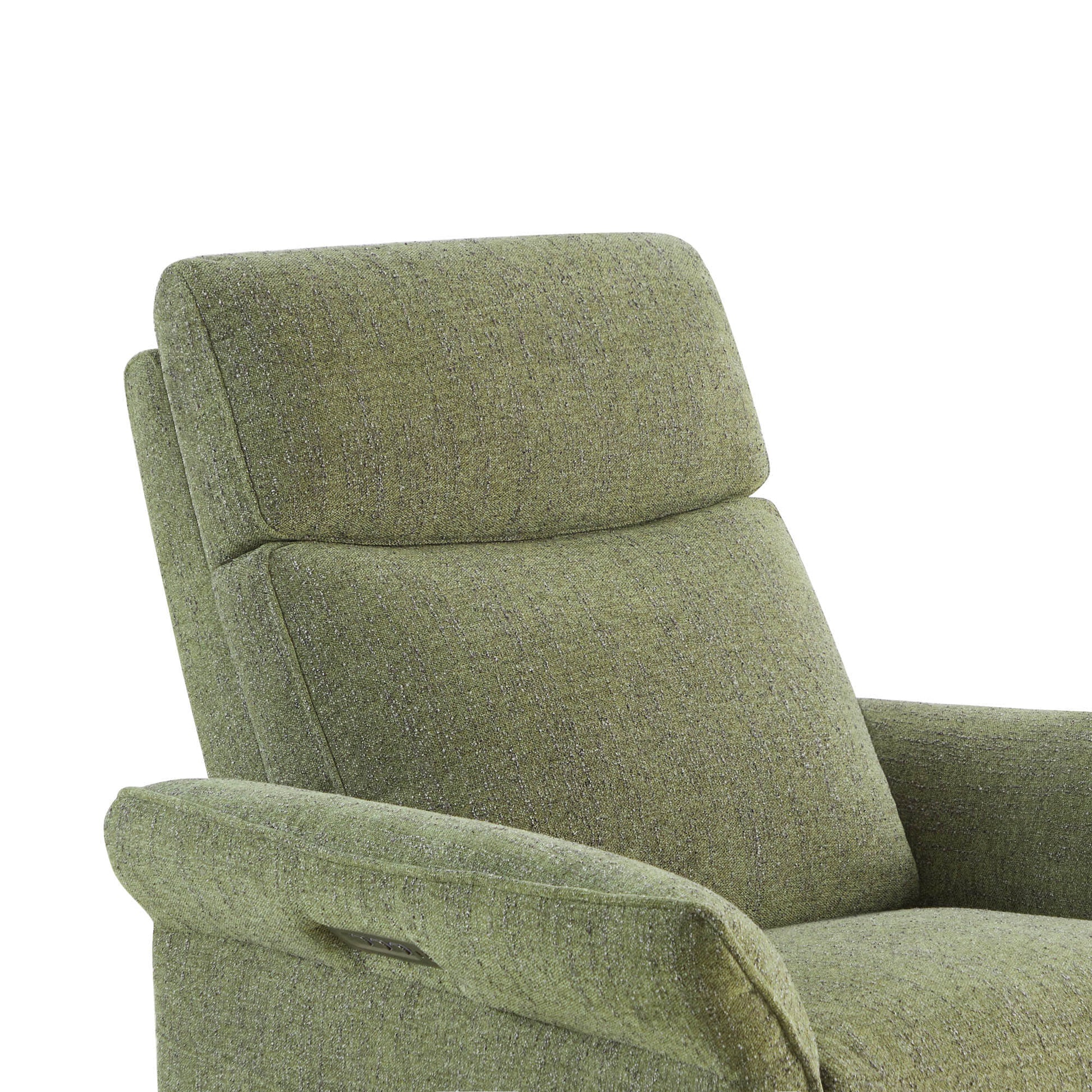 Partial view of green power recliner showing armrest and seat cushion detail.