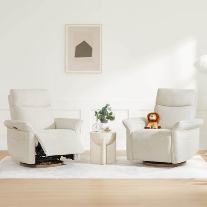 Living room arrangement featuring comfortable white swivel recliner and decor.