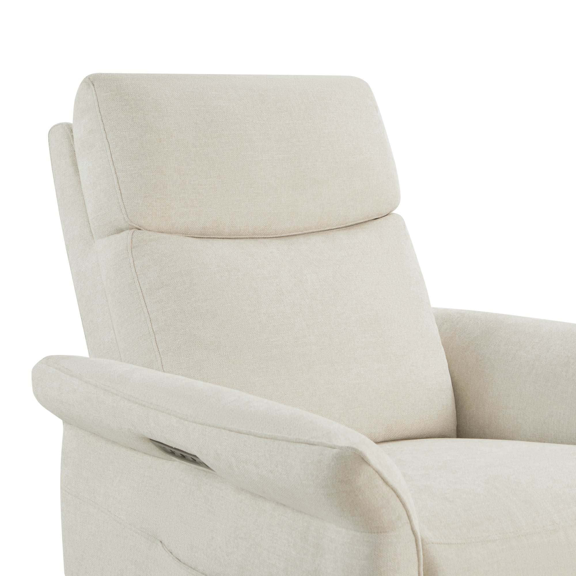 Close-up of cream recliner backrest showing plush cushioning and headrest.