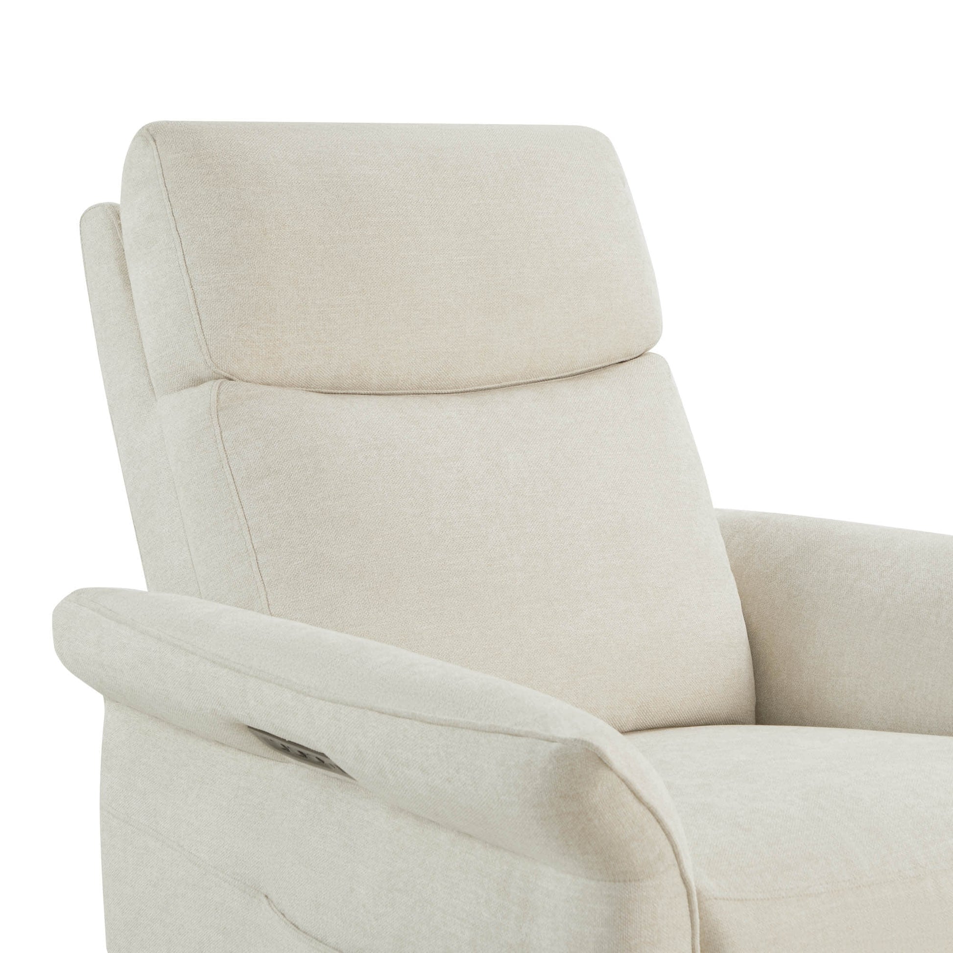 Close-up of cream recliner backrest showing plush cushioning and headrest.
