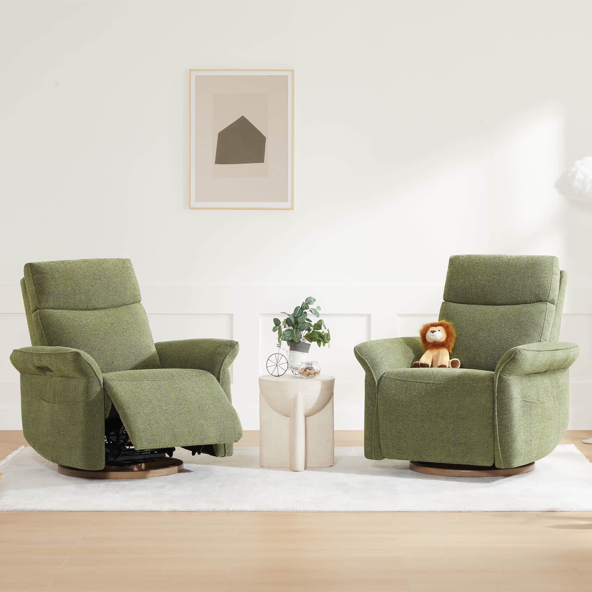 Modern living room with green accent chairs and cream swivel recliner.