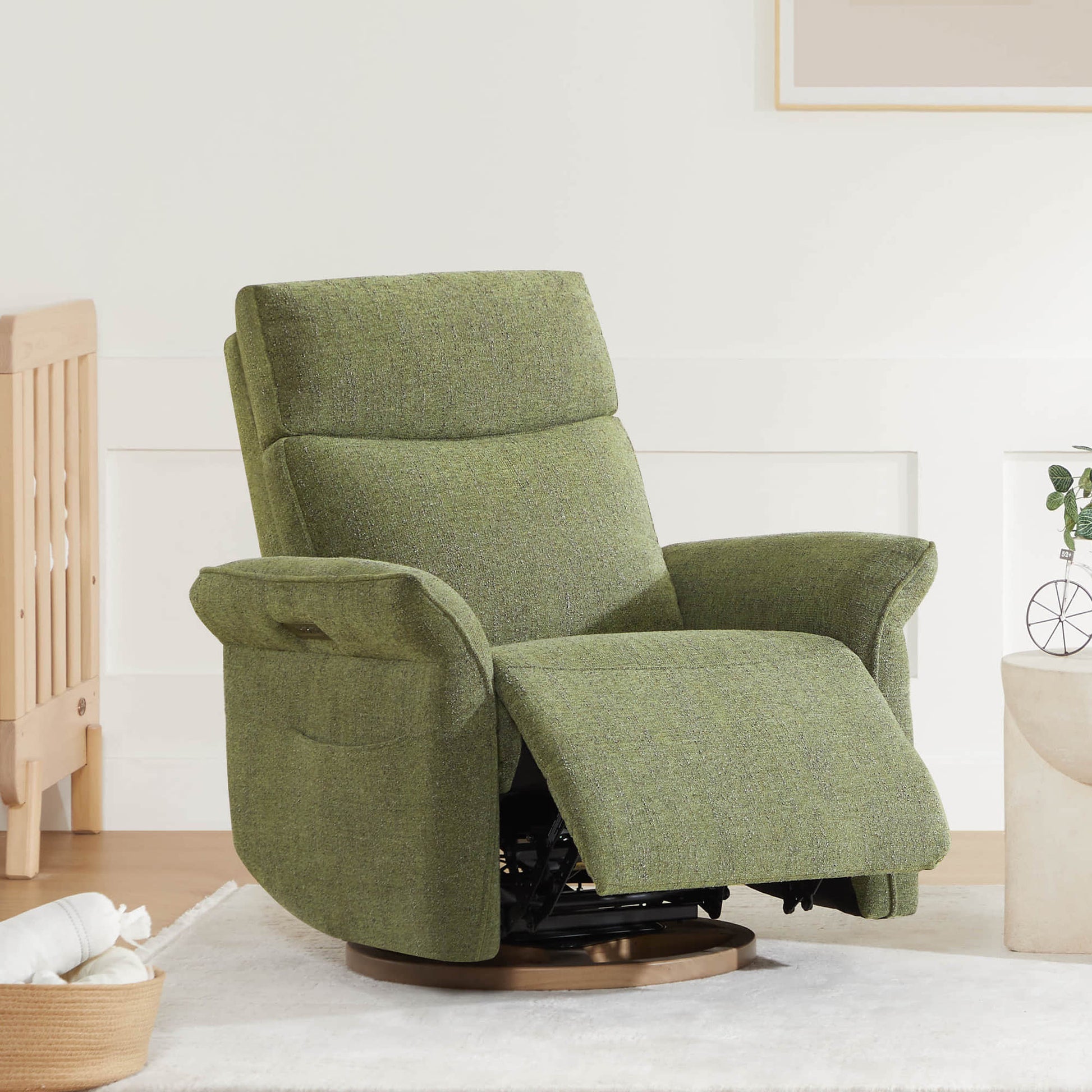 Olive green power recliner with extended footrest in contemporary home setting.