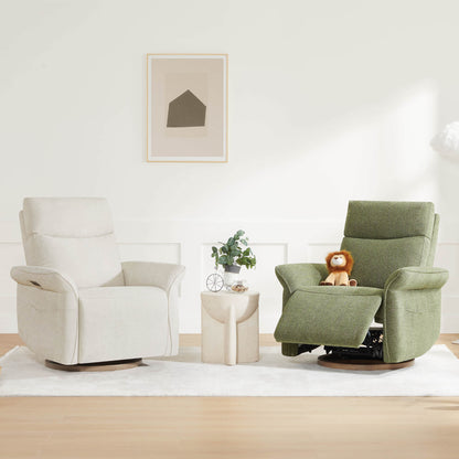 Home setting with white and olive green power recliners complementing decor.