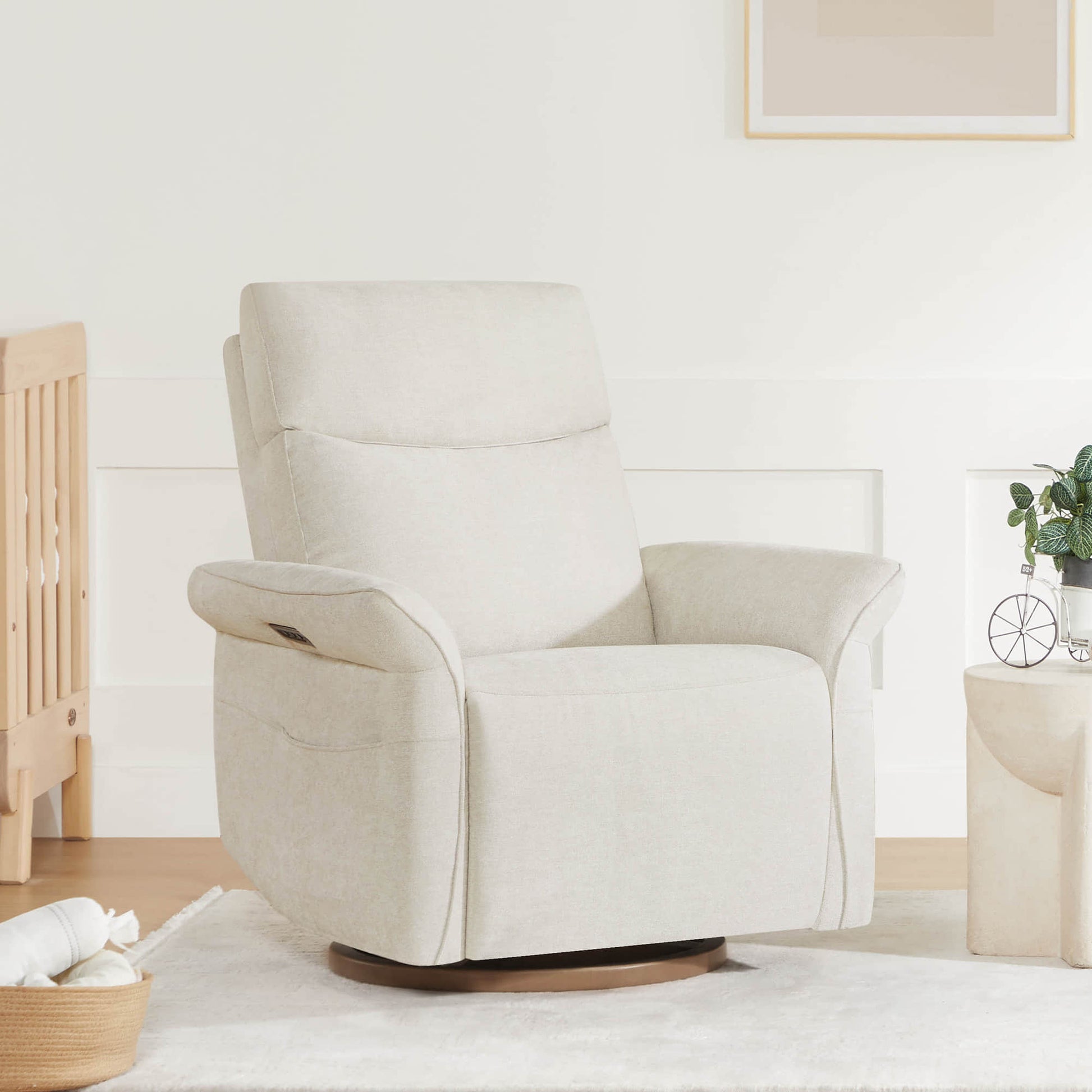 Front view of comfortable white power recliner with wide armrests for ultimate relaxation.