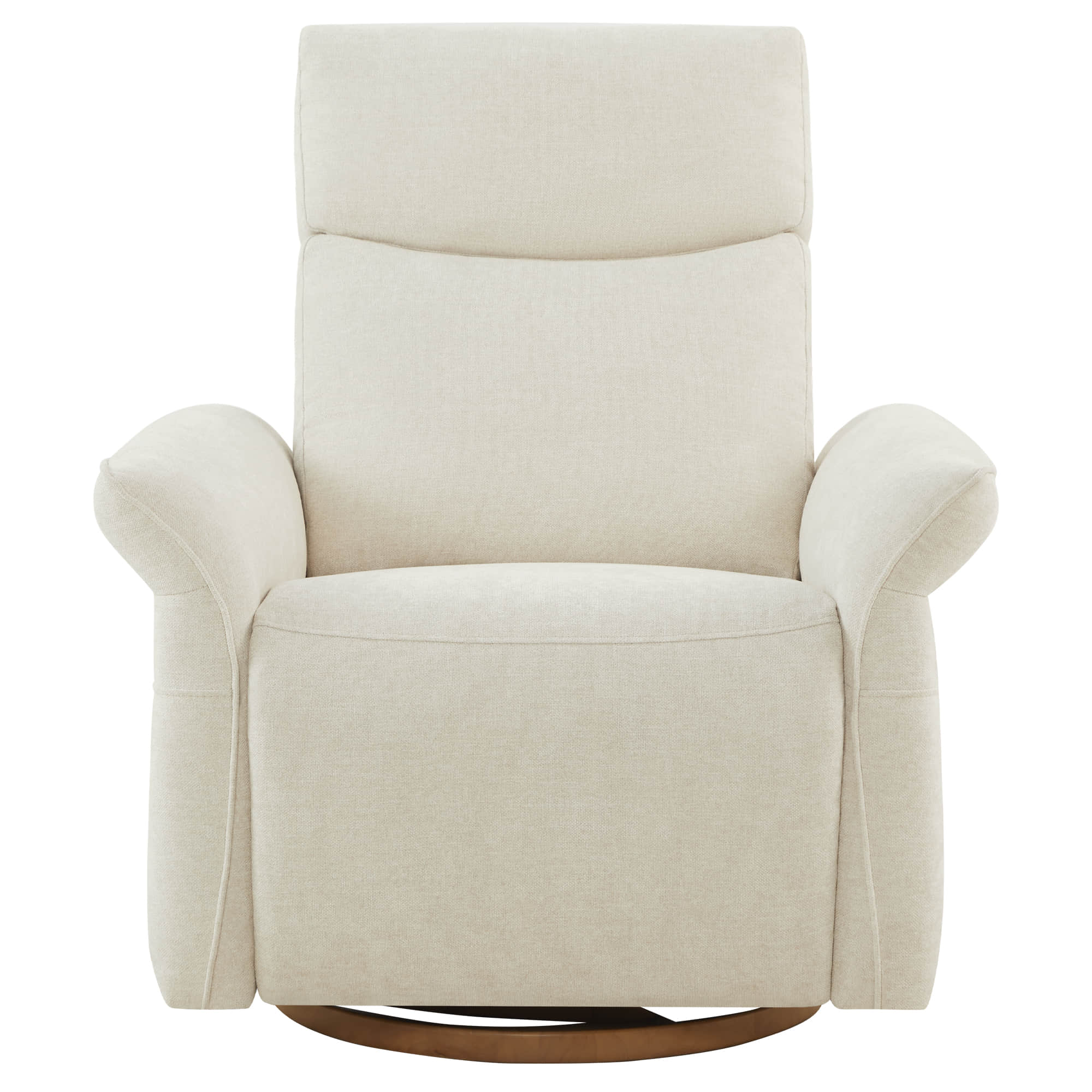 Front view of elegant white upholstered swivel recliner with rolled arms.