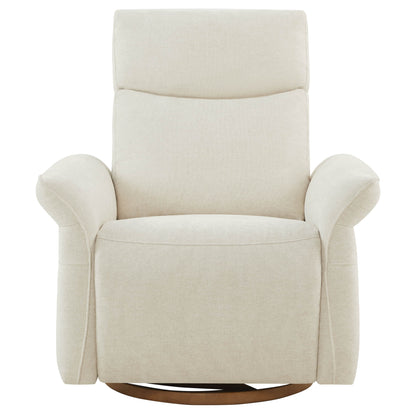 Front view of elegant white upholstered swivel recliner with rolled arms.