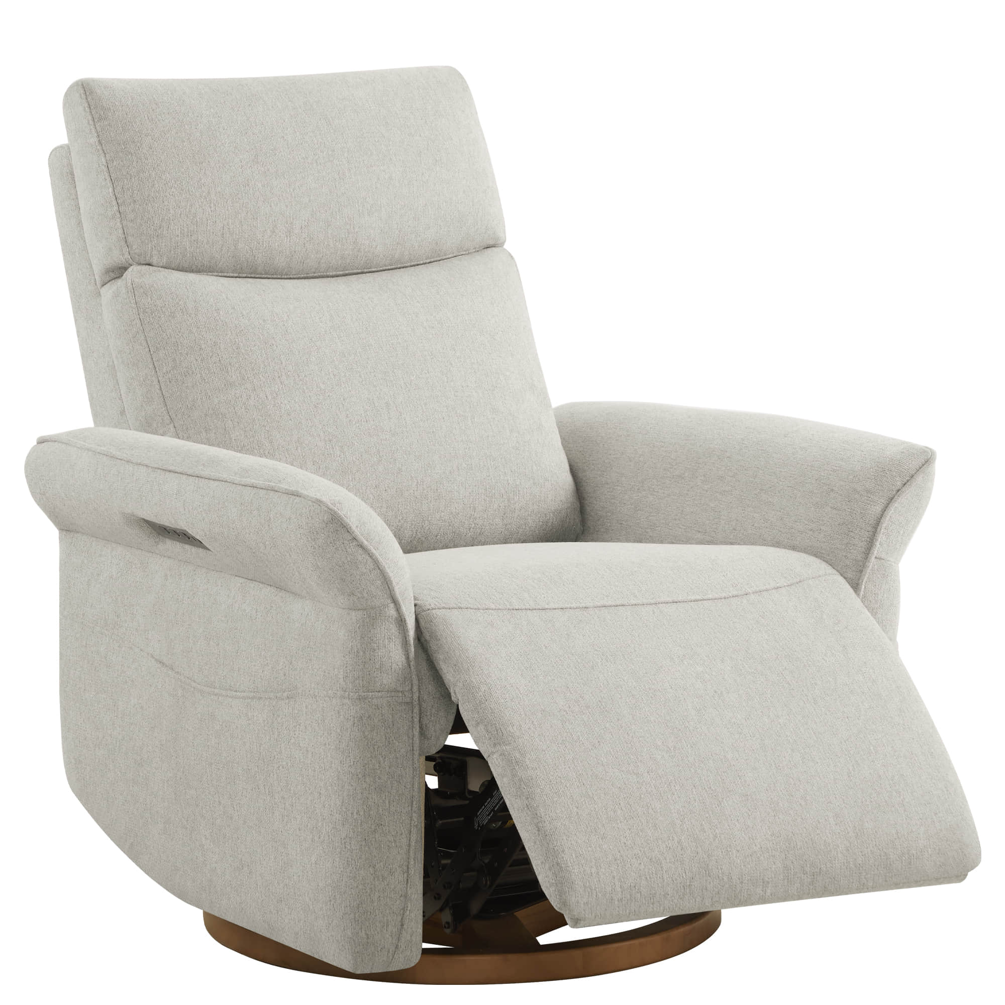 Profile view of sleek white power recliner in upright position with clean modern lines.