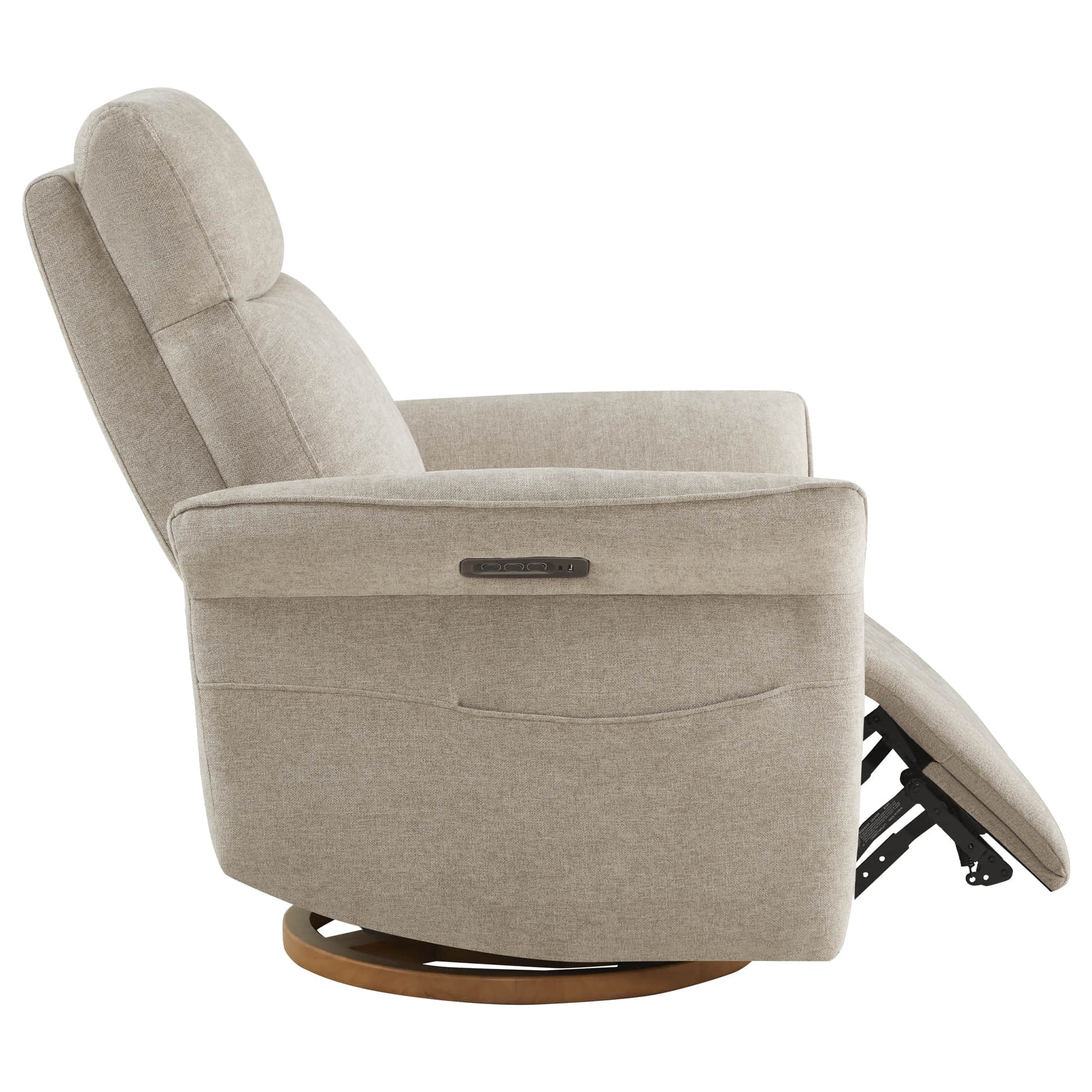 Cozy power recliner with traditional design featuring rounded armrests.