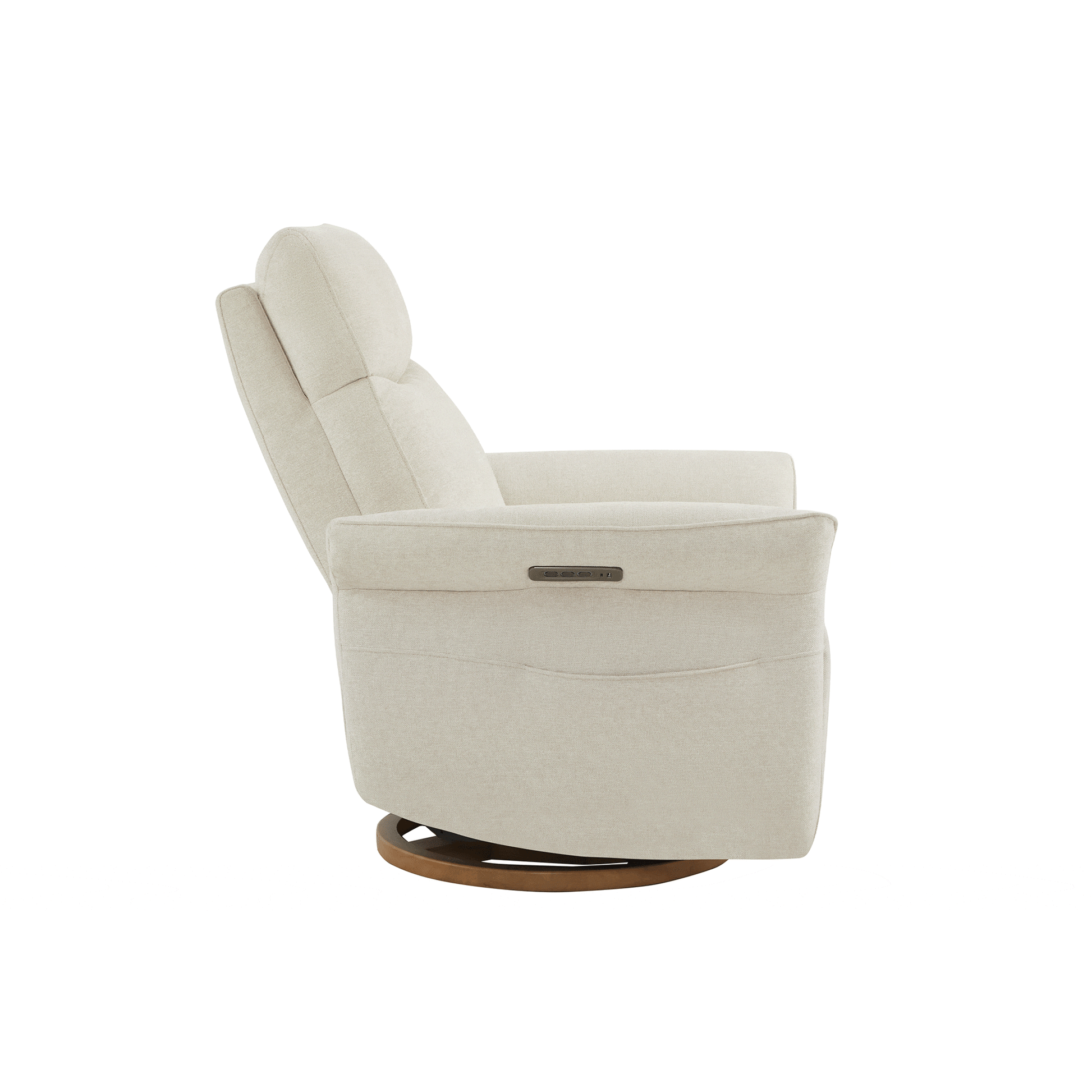 Cream modern swivel recliner in side view, featuring power recliner functionality, showcasing rotating and reclining motion, luxury home comfort seating.