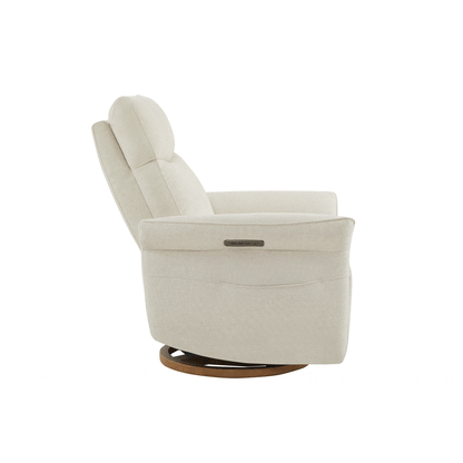 Cream modern swivel recliner in side view, featuring power recliner functionality, showcasing rotating and reclining motion, luxury home comfort seating.