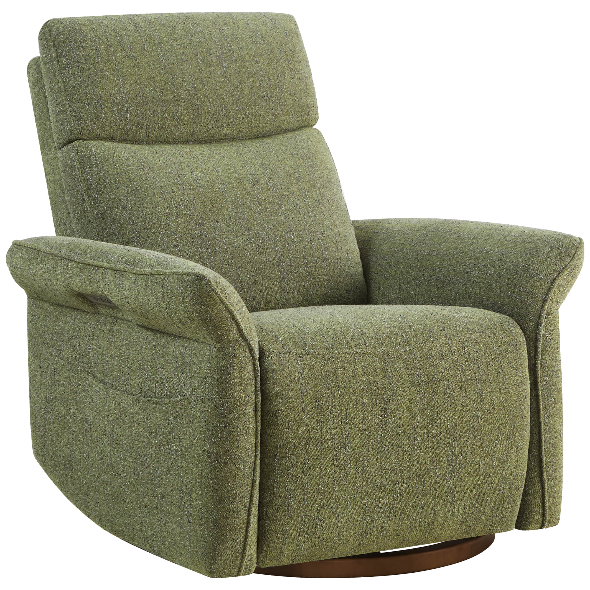 Three-quarter view of green power recliner with plush padded armrests.