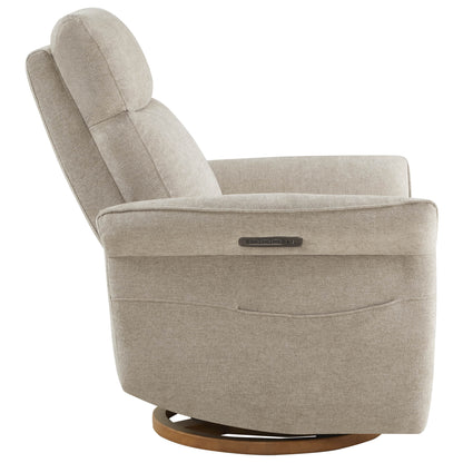 Front view of beige power recliner with plush cushioning and wide armrests.