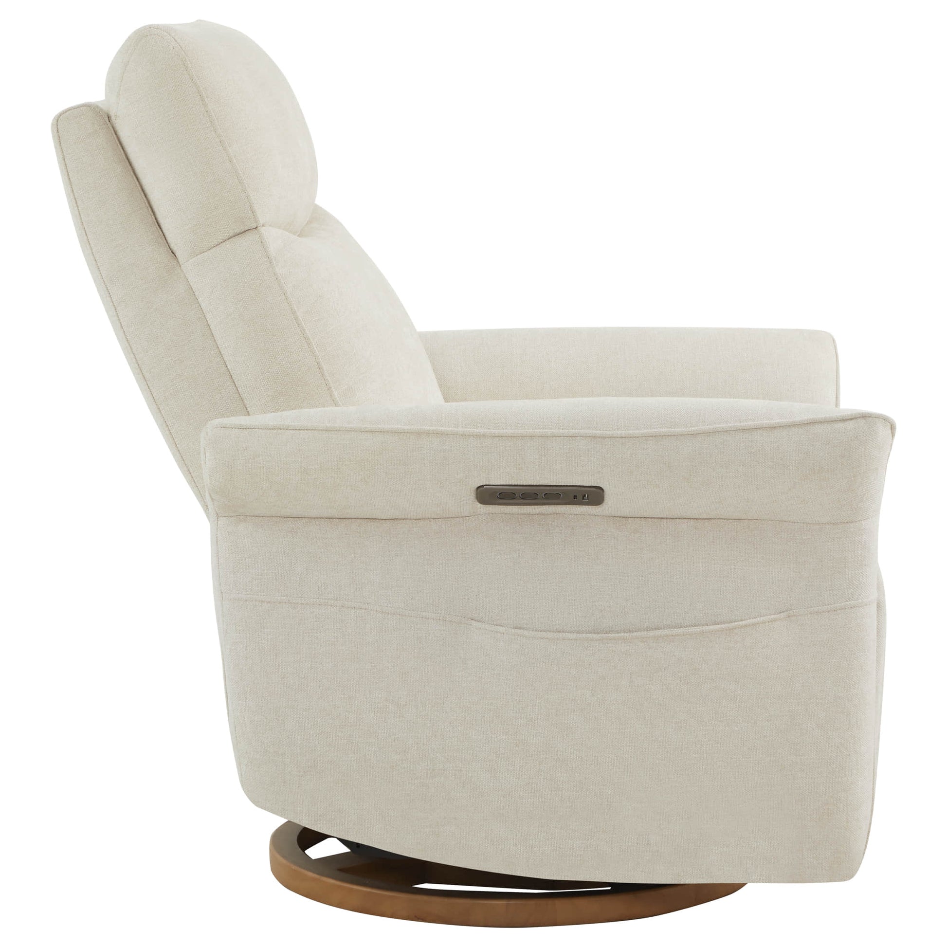 Side profile of premium cream power recliner highlighting streamlined design.