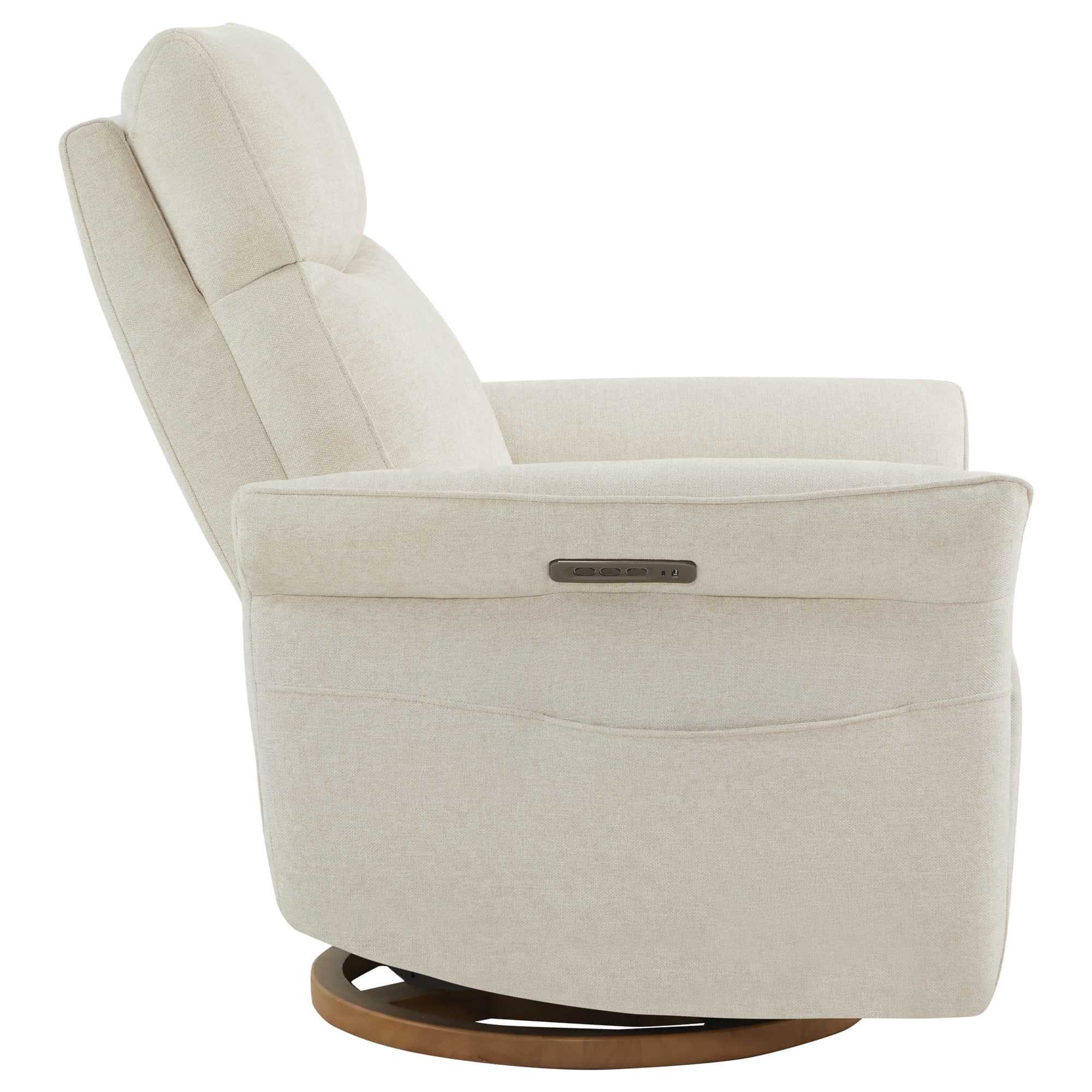 Side profile of premium cream power recliner highlighting streamlined design.